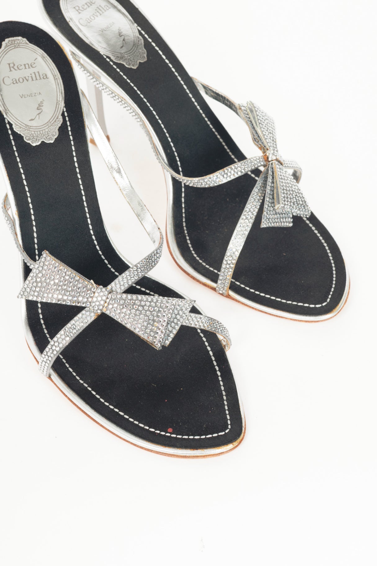 Rene Caovilla Silver Rhinestone Bow Mule Sandals
