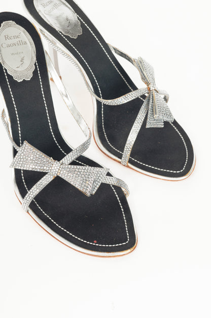 Rene Caovilla Silver Rhinestone Bow Mule Sandals