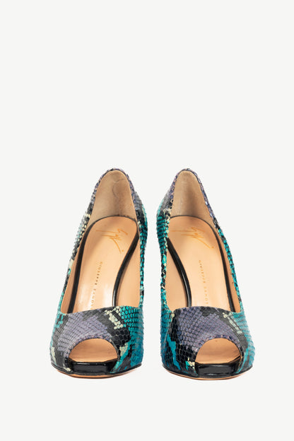 Giuseppe Zanotti Six 100 Blue Snake-Embossed Peep-Toe Pumps
