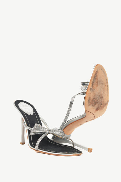Rene Caovilla Silver Rhinestone Bow Mule Sandals
