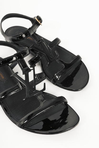 Louis Vuitton Black Patent Leather LV Flat Sandals