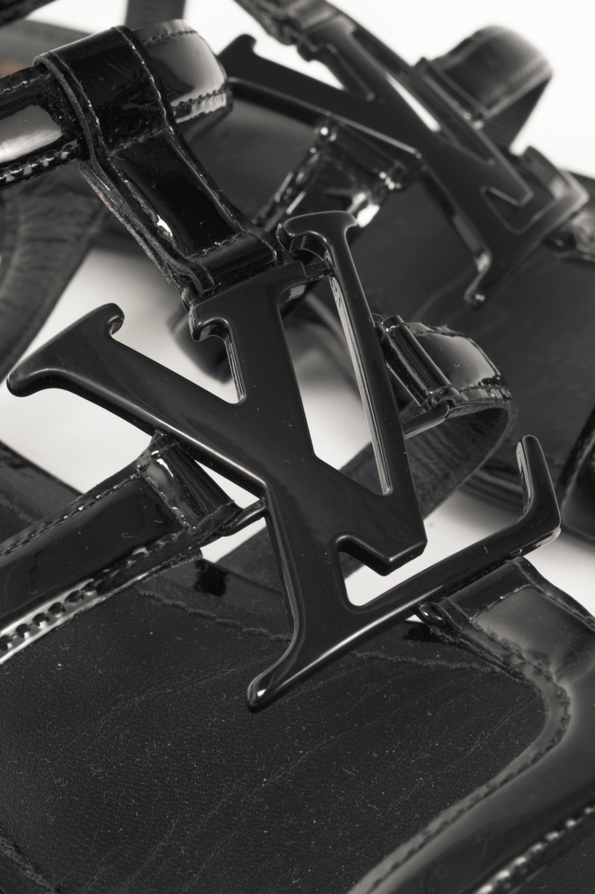 Louis Vuitton Black Patent Leather LV Flat Sandals