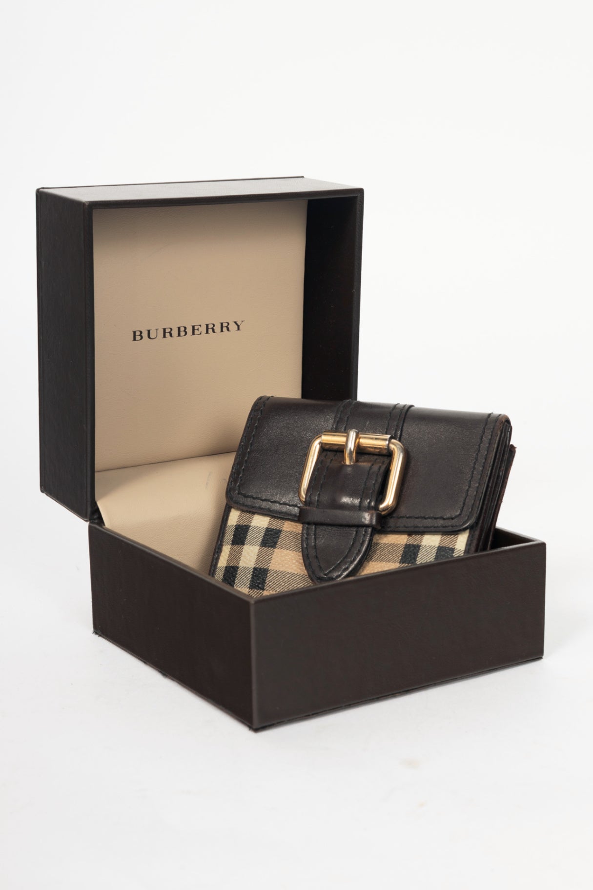 Burberry Credcoin "Chocolate" Haymarket Check Leather-Trim Wallet 