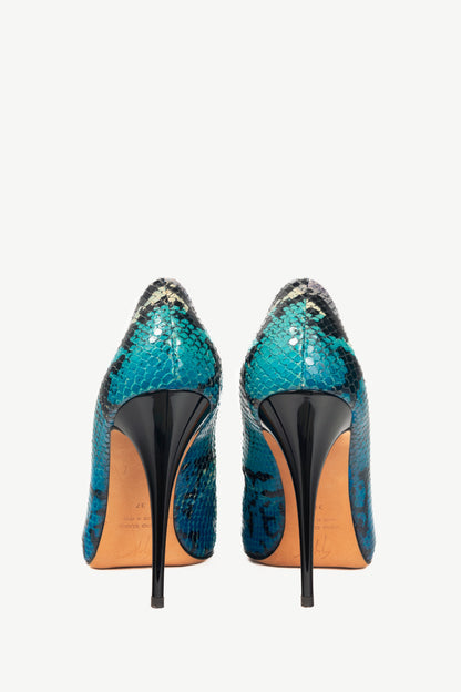 Giuseppe Zanotti Six 100 Blue Snake-Embossed Peep-Toe Pumps