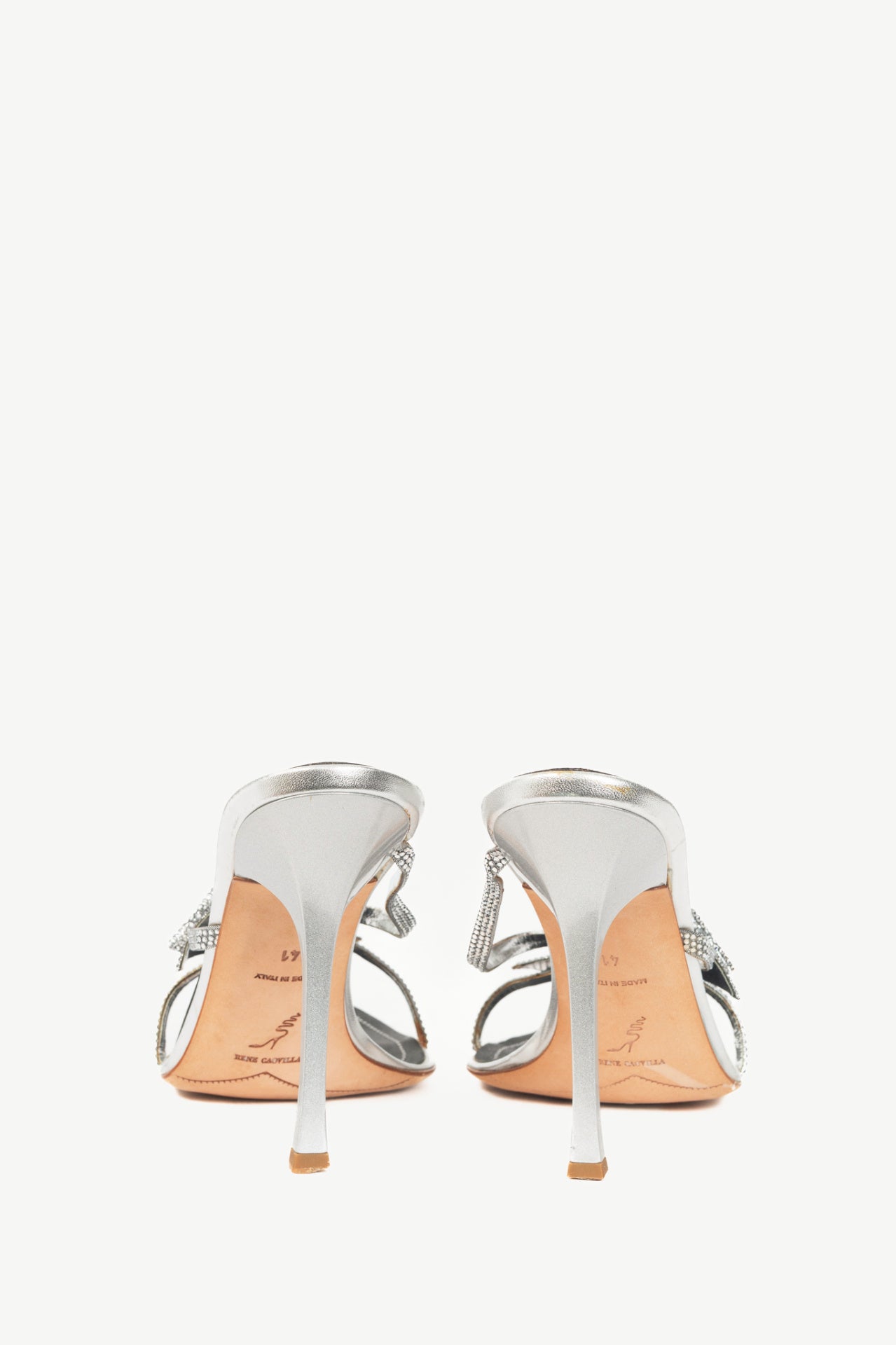 Rene Caovilla Silver Rhinestone Bow Mule Sandals
