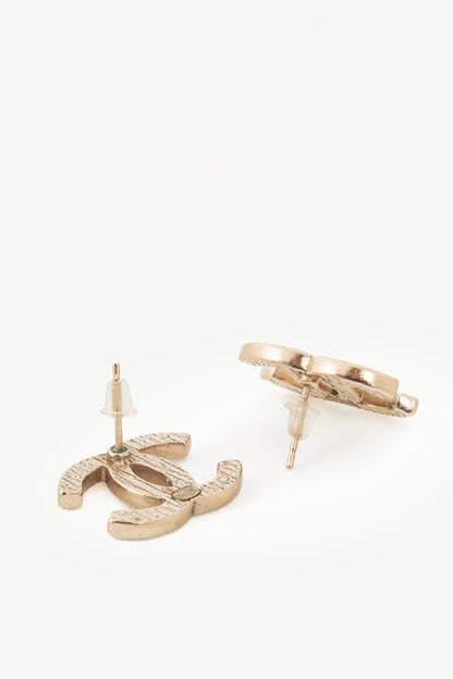 Chanel 19K Gold-Tone Textured CC Stud Earrings