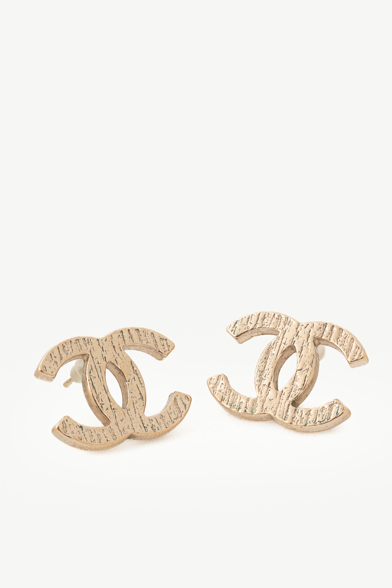 Chanel 19K Gold-Tone Textured CC Stud Earrings