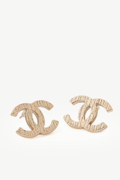 Chanel 19K Gold-Tone Textured CC Stud Earrings