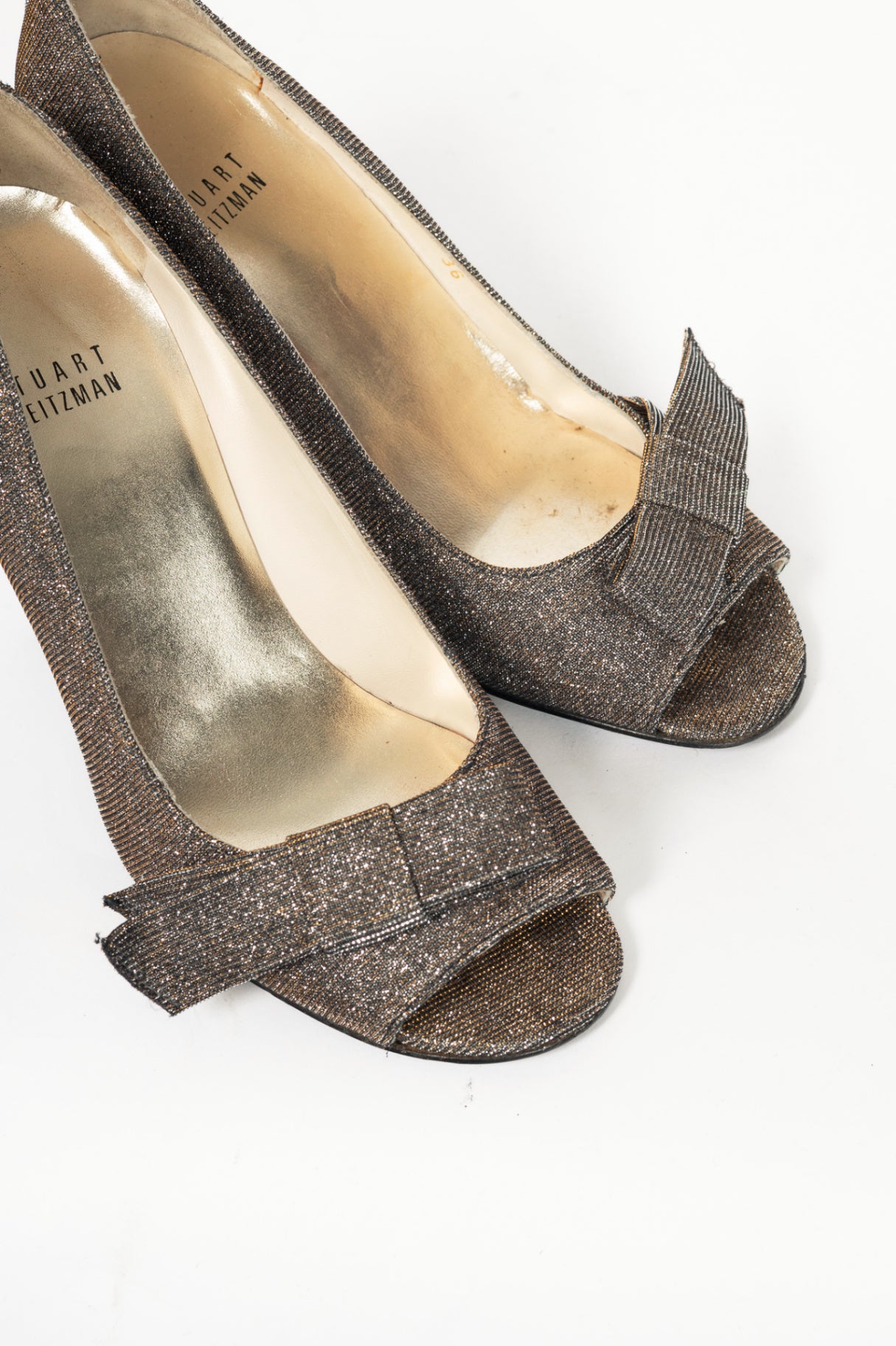 Stuart Weitzman Bowover Pyrite Nocturn Sparkly Bow Peep-Toe Pumps