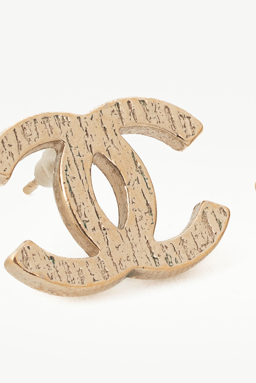 Chanel 19K Gold-Tone Textured CC Stud Earrings