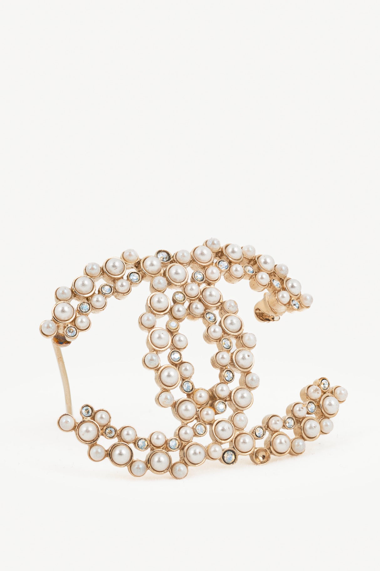 Chanel 19B Gold-Tone Faux-Pearl & Crystal-Embellished CC Brooch