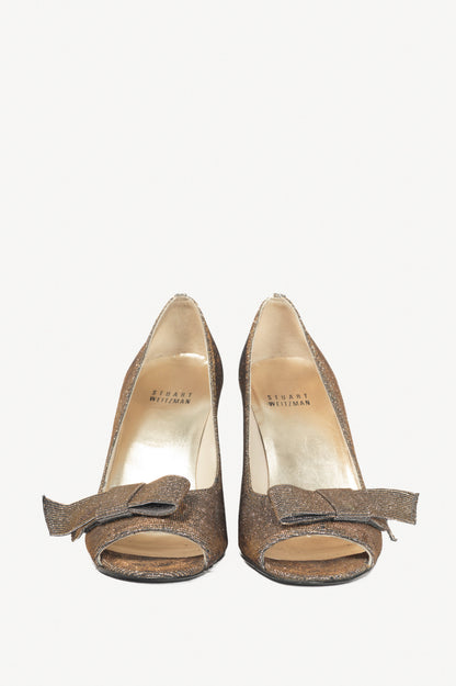 Stuart Weitzman Bowover Pyrite Nocturn Sparkly Bow Peep-Toe Pumps