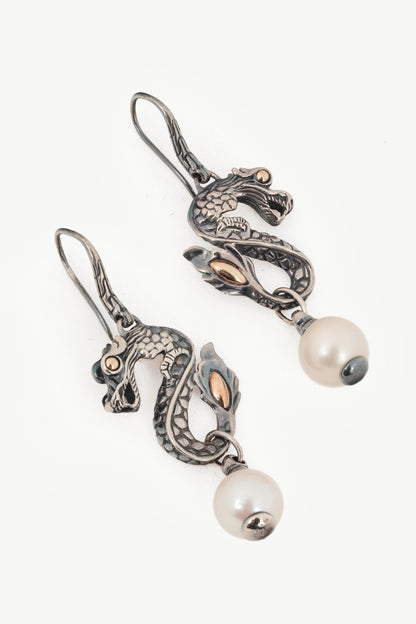 John Hardy Naga Sterling Silver Dragon Pearl Earrings