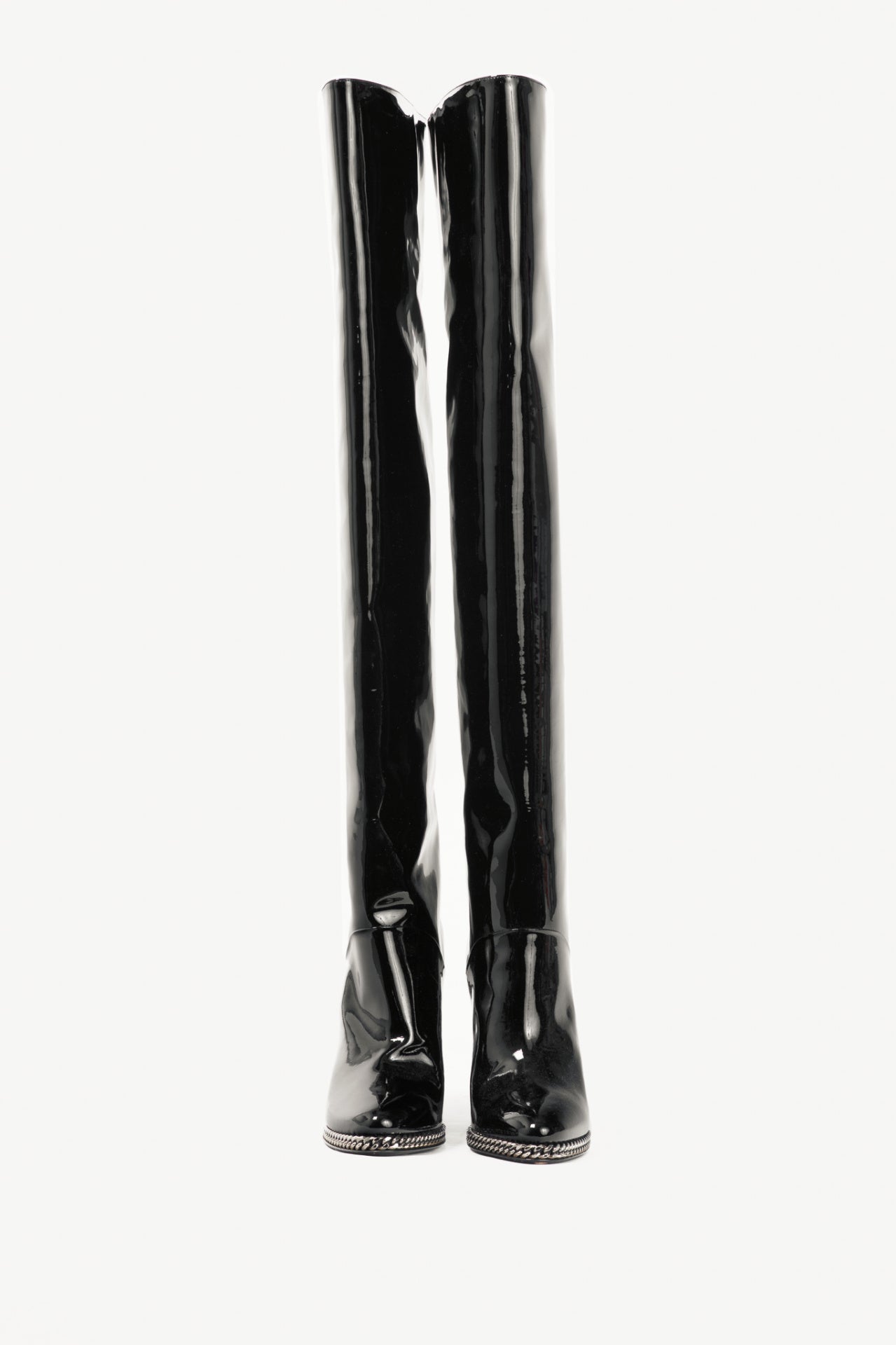 Balmain Emma Noir Patent-Leather Chain-Trim Thigh-High Boots