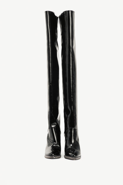 Balmain Emma Noir Patent-Leather Chain-Trim Thigh-High Boots