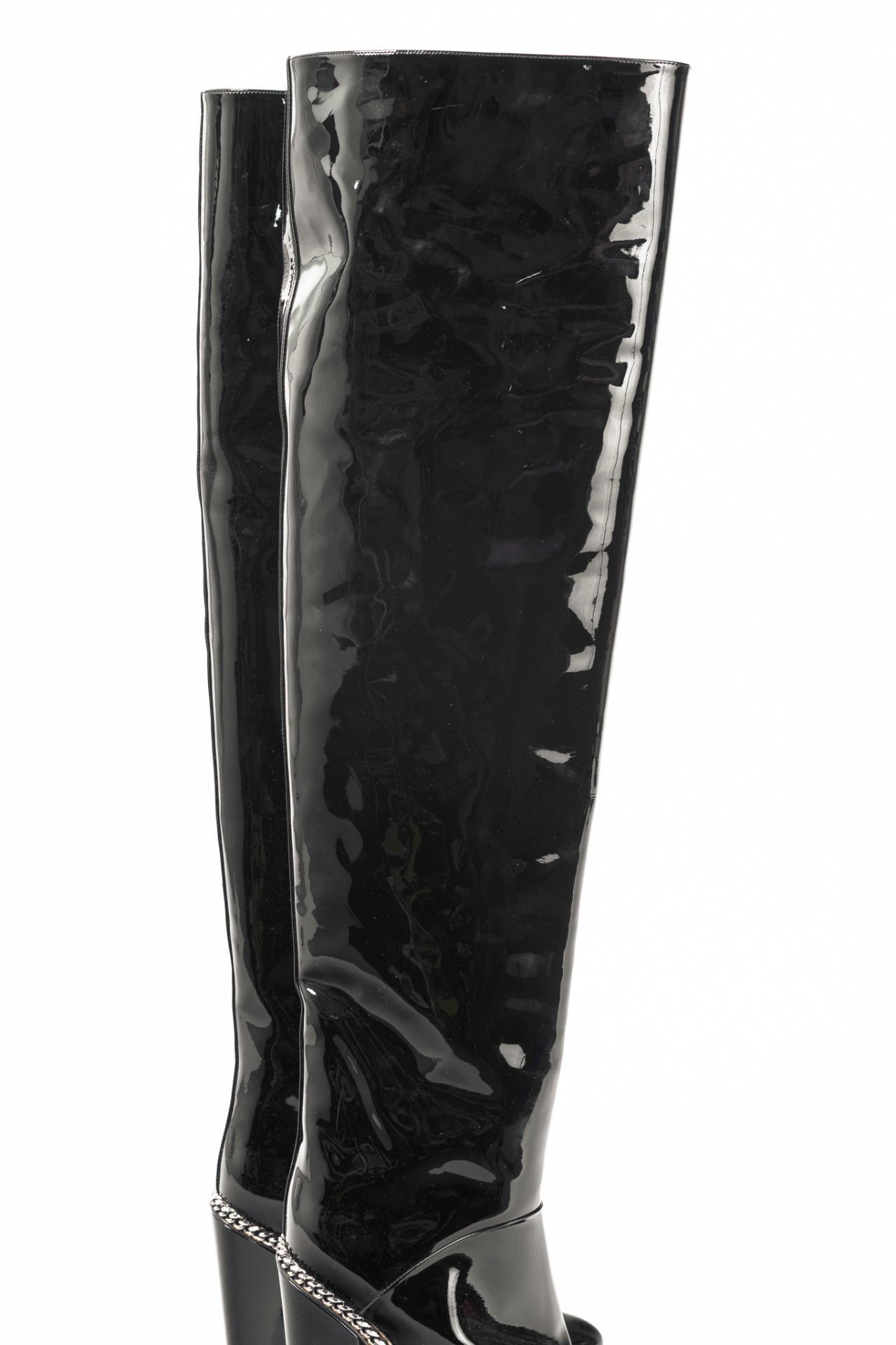 Balmain Emma Noir Patent-Leather Chain-Trim Thigh-High Boots