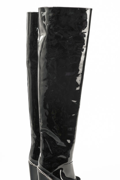Balmain Emma Noir Patent-Leather Chain-Trim Thigh-High Boots