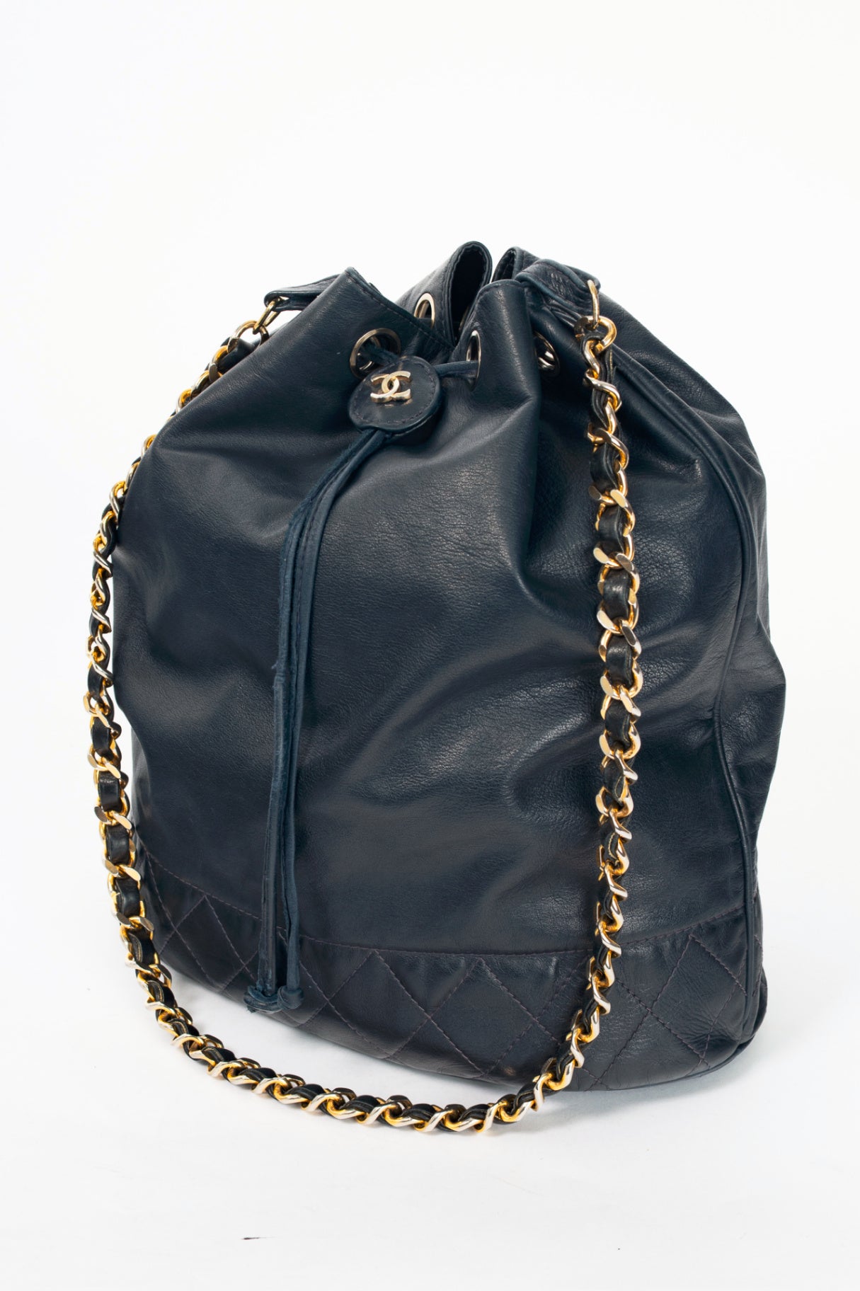 Chanel Vintage Navy Leather Quilted Bucket Bag