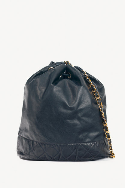 Chanel Vintage Navy Leather Quilted Bucket Bag