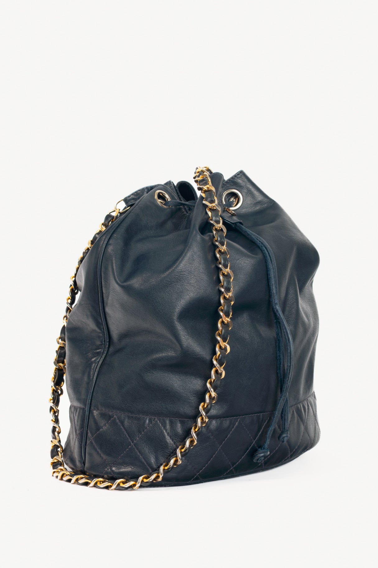 Chanel Vintage Navy Leather Quilted Bucket Bag