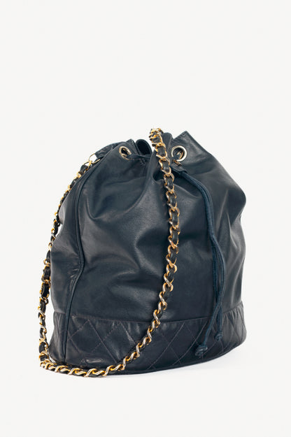 Chanel Vintage Navy Leather Quilted Bucket Bag