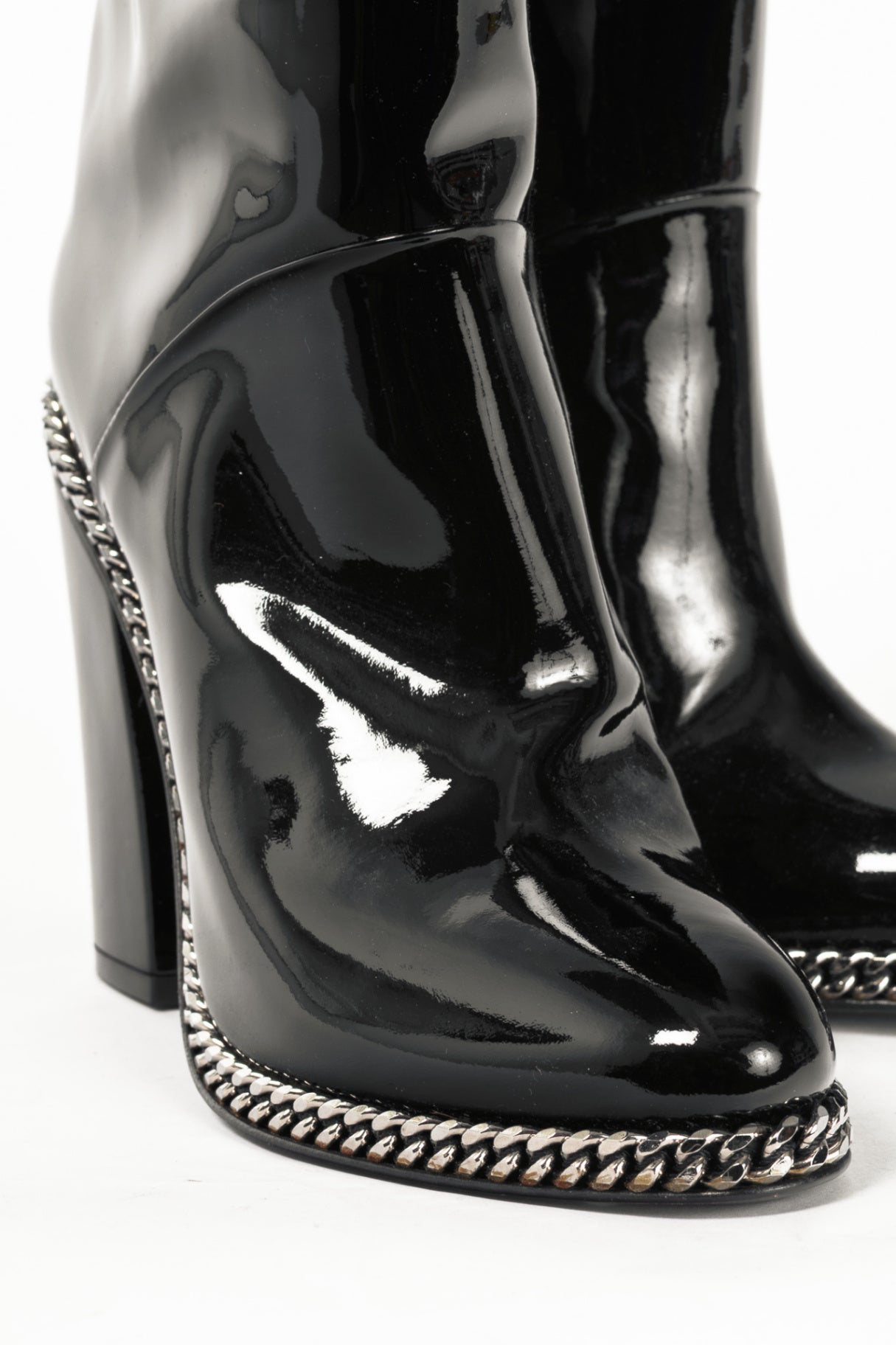 Balmain Emma Noir Patent-Leather Chain-Trim Thigh-High Boots