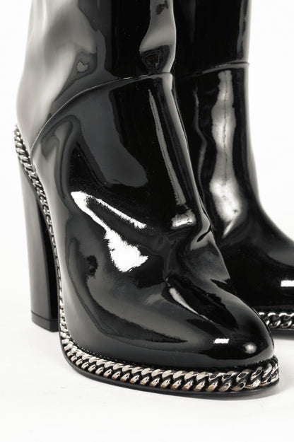 Balmain Emma Noir Patent-Leather Chain-Trim Thigh-High Boots