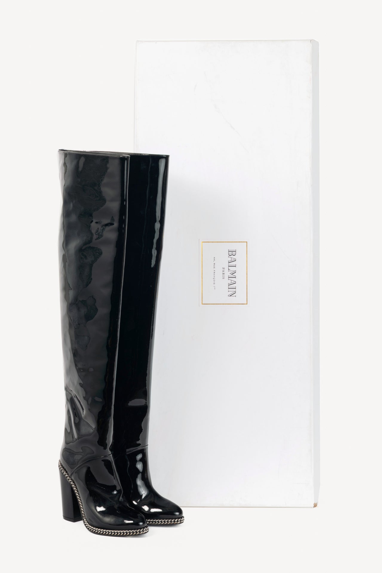Balmain Emma Noir Patent-Leather Chain-Trim Thigh-High Boots