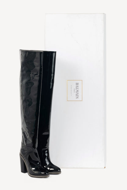 Balmain Emma Noir Patent-Leather Chain-Trim Thigh-High Boots