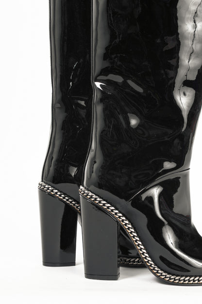 Balmain Emma Noir Patent-Leather Chain-Trim Thigh-High Boots