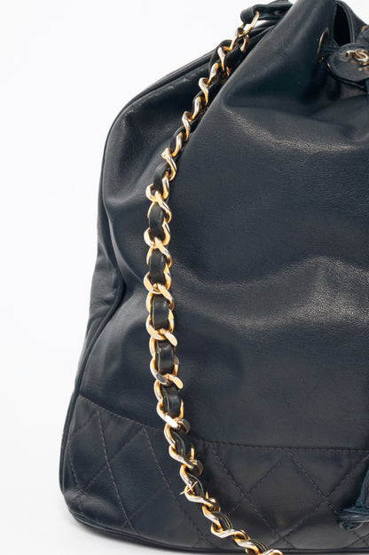 Chanel Vintage Navy Leather Quilted Bucket Bag
