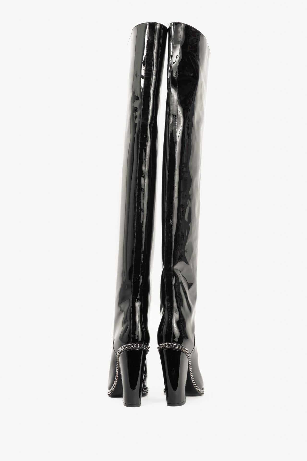 Balmain Emma Noir Patent-Leather Chain-Trim Thigh-High Boots