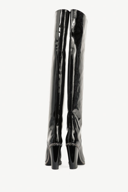 Balmain Emma Noir Patent-Leather Chain-Trim Thigh-High Boots