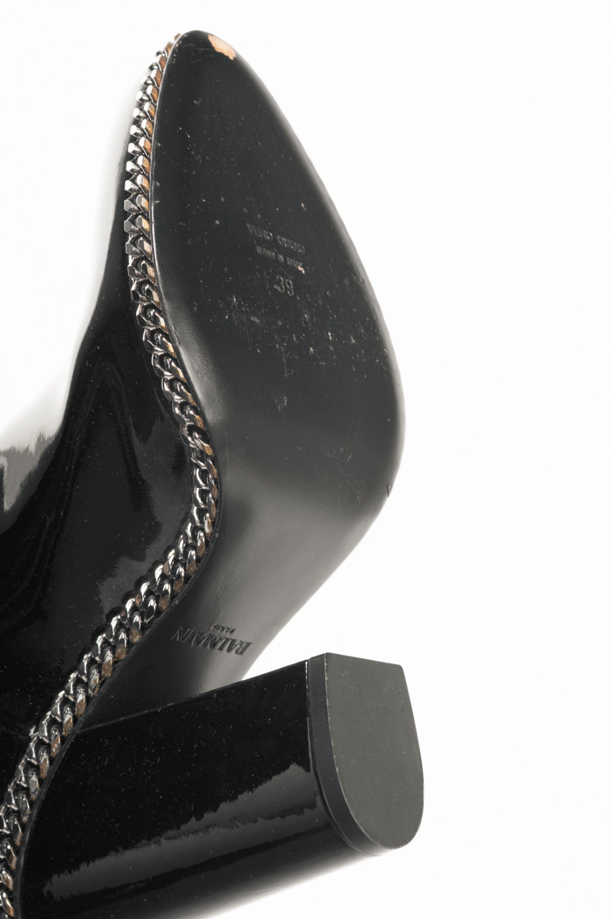 Balmain Emma Noir Patent-Leather Chain-Trim Thigh-High Boots