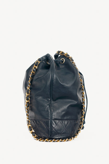 Chanel Vintage Navy Leather Quilted Bucket Bag