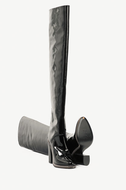 Balmain Emma Noir Patent-Leather Chain-Trim Thigh-High Boots
