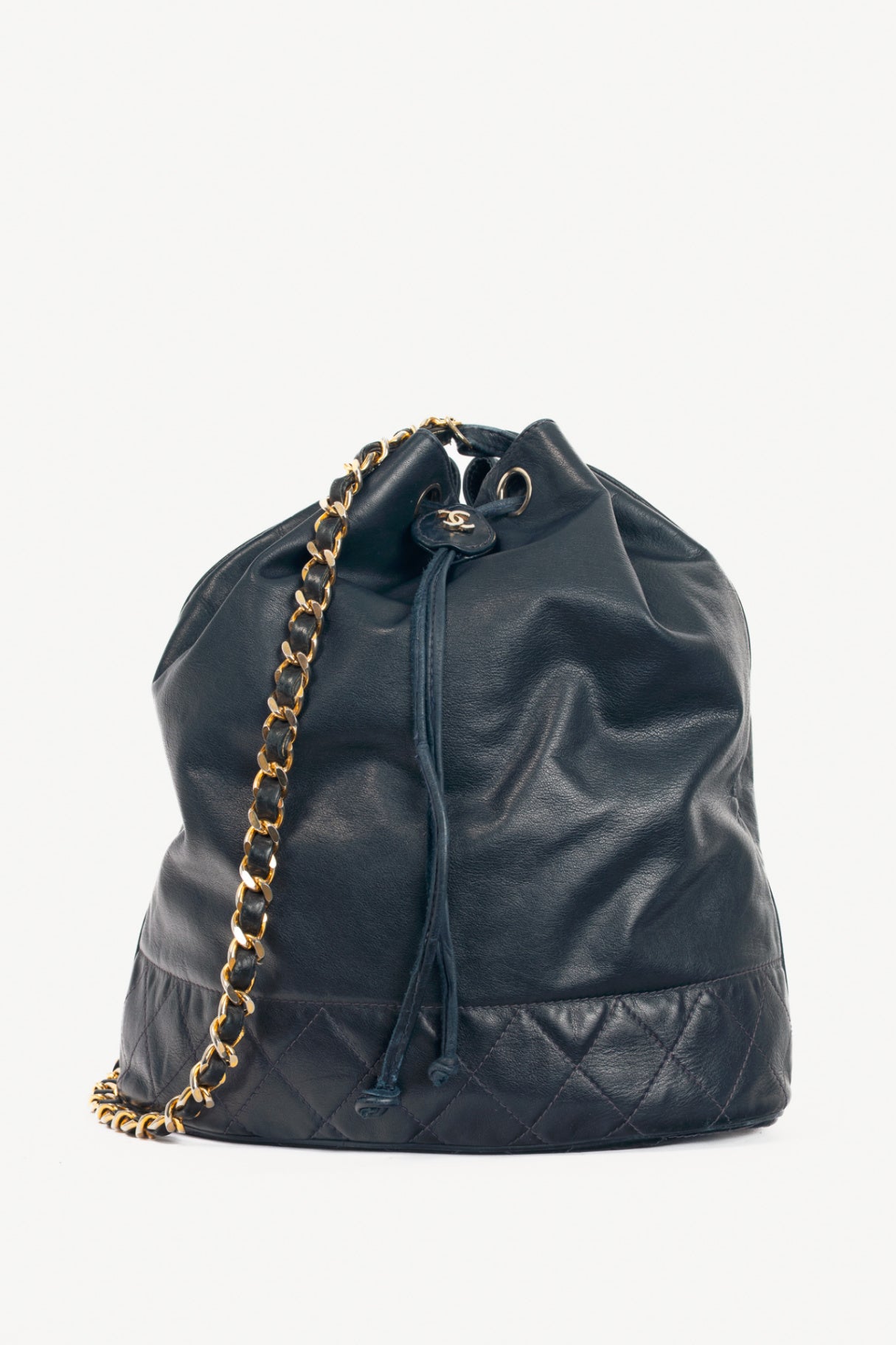 Chanel Vintage Navy Leather Quilted Bucket Bag
