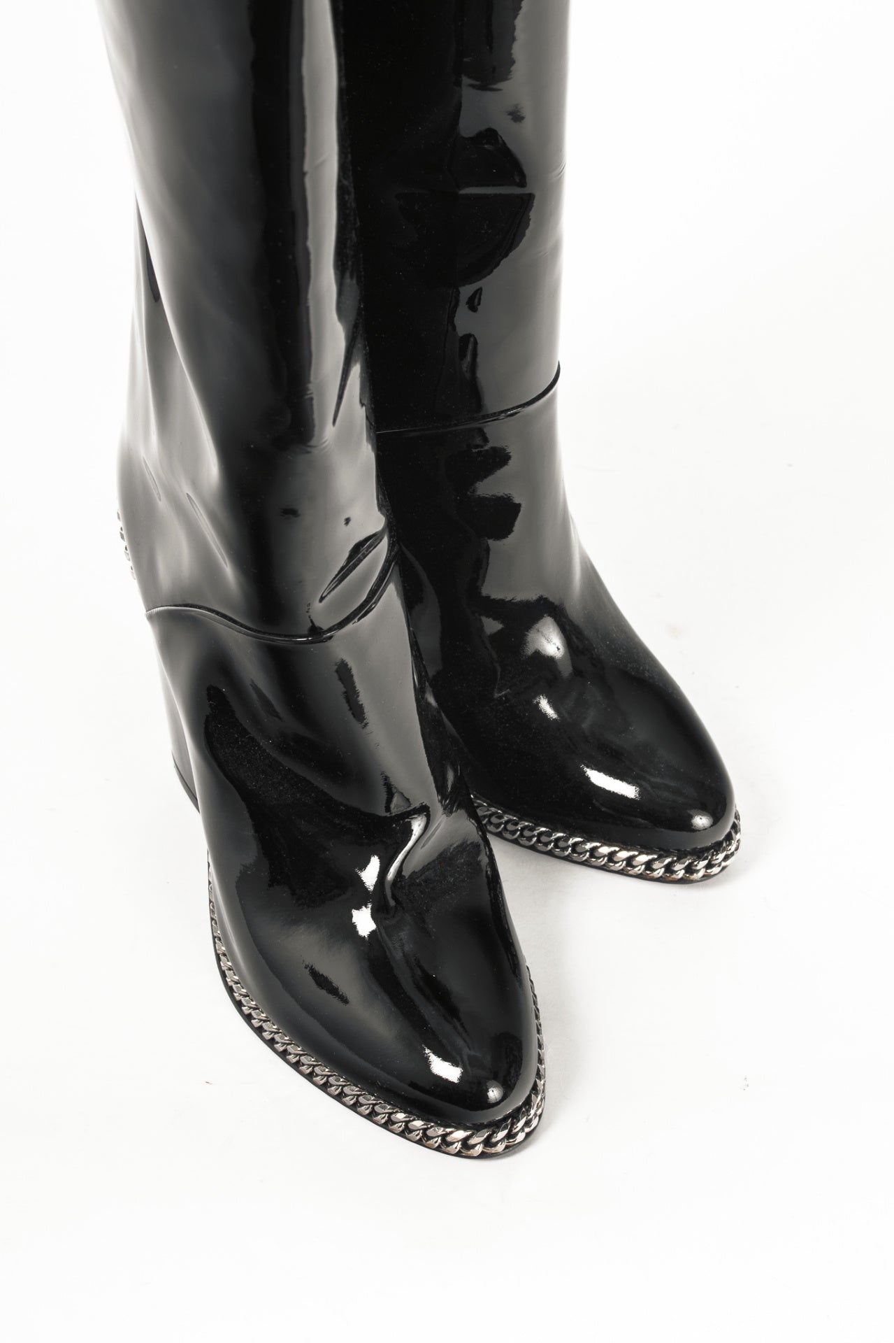 Balmain Emma Noir Patent-Leather Chain-Trim Thigh-High Boots