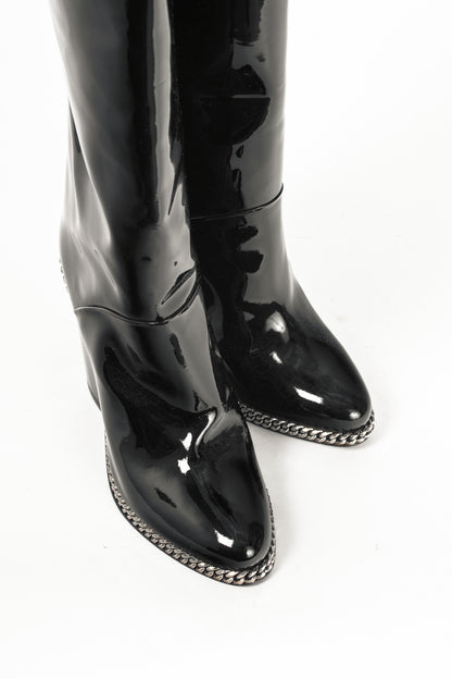 Balmain Emma Noir Patent-Leather Chain-Trim Thigh-High Boots