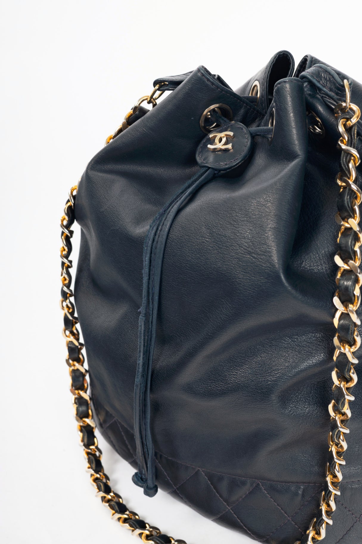 Chanel Vintage Navy Leather Quilted Bucket Bag