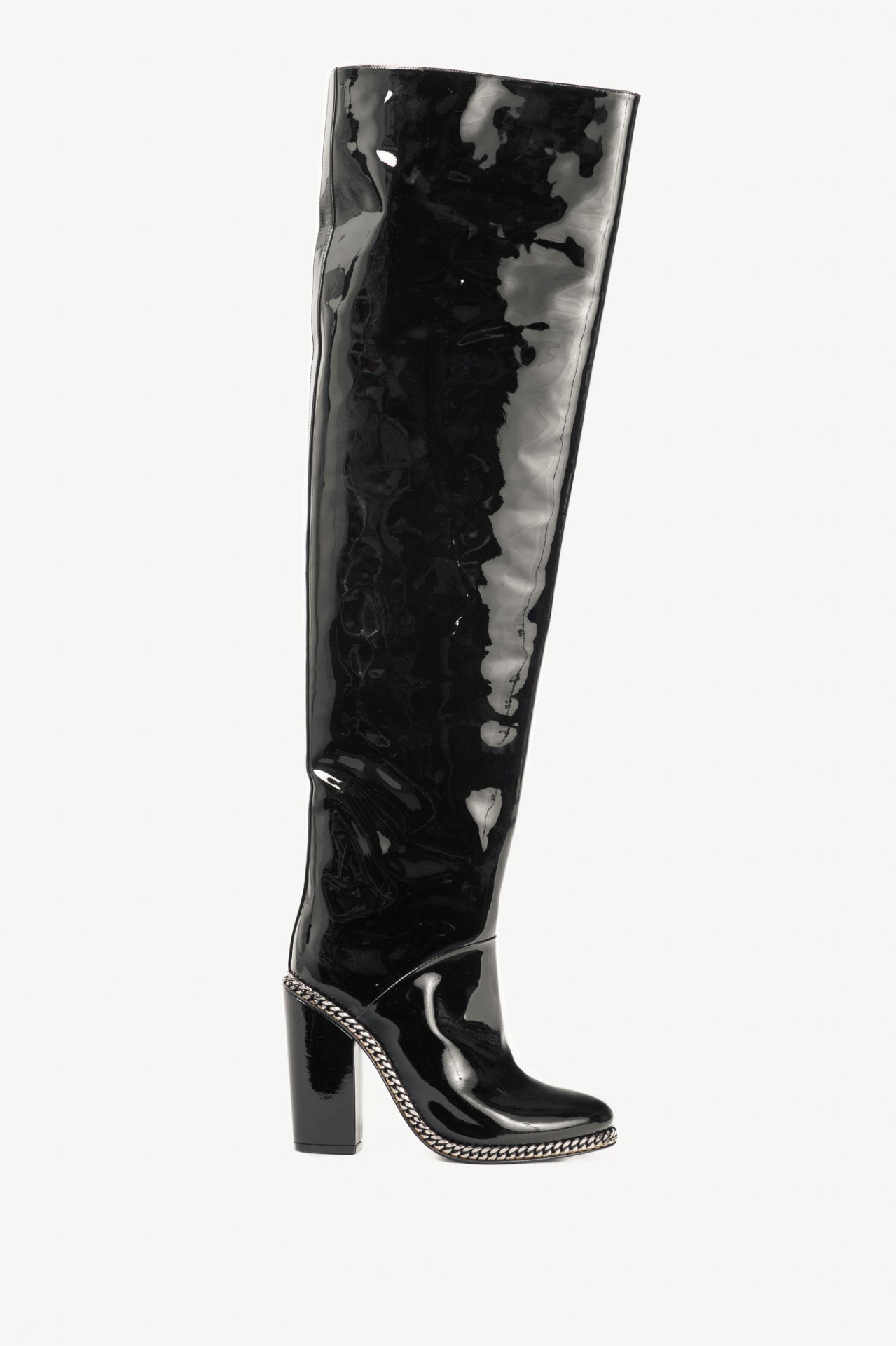 Balmain Emma Noir Patent-Leather Chain-Trim Thigh-High Boots