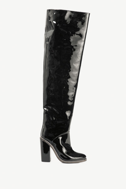 Balmain Emma Noir Patent-Leather Chain-Trim Thigh-High Boots