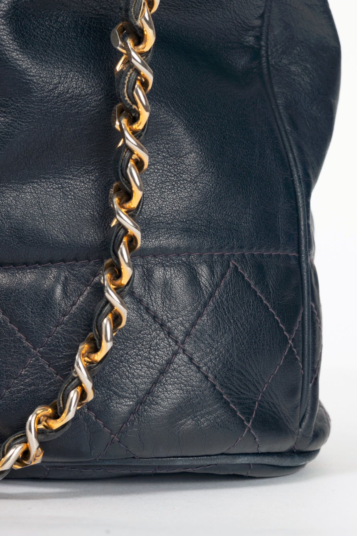 Chanel Vintage Navy Leather Quilted Bucket Bag