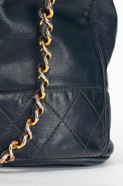 Chanel Vintage Navy Leather Quilted Bucket Bag