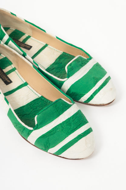 Dolce & Gabbana Green & White Striped Jacquard Flats