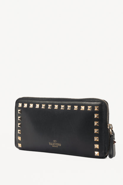 Valentino Garavani Black Leather Rockstud Zip Wallet