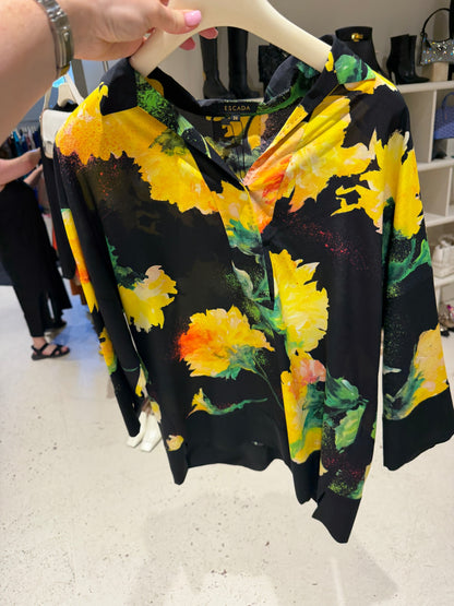 ESCADA Black and Yellow Silk Floral Top