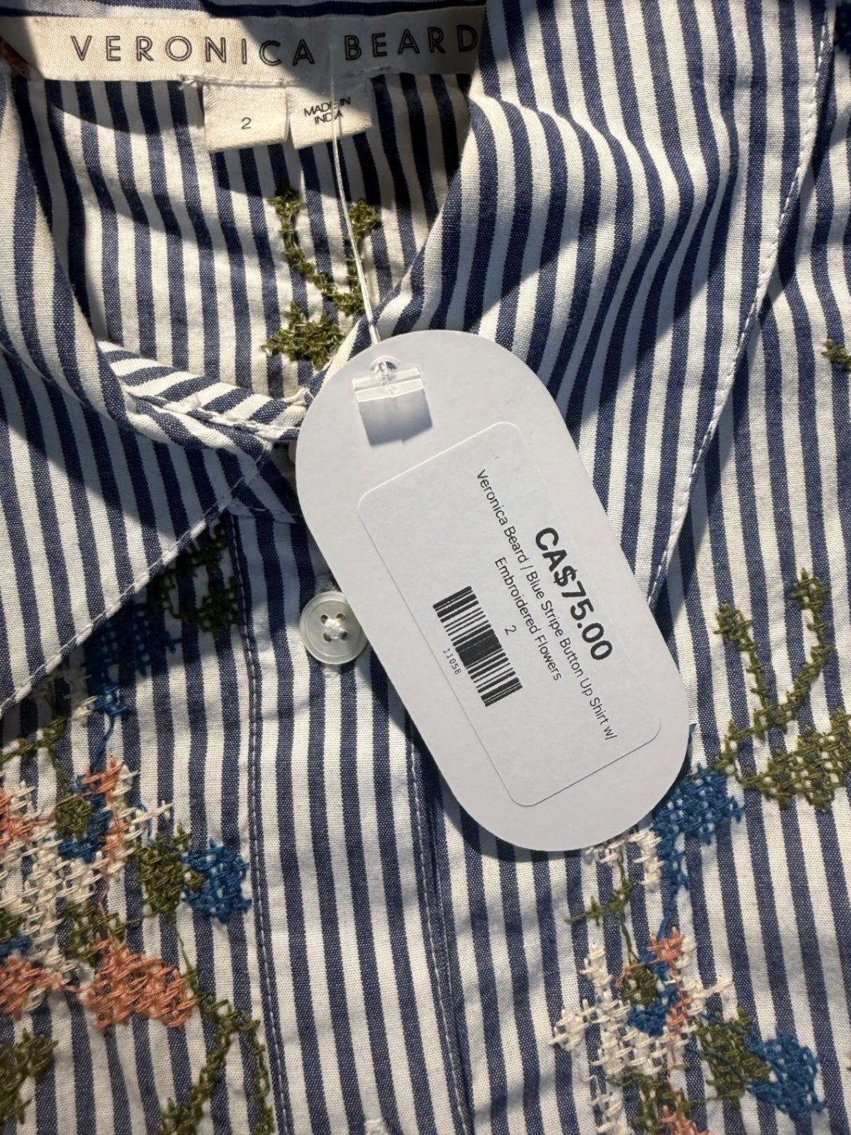 Veronica Beard Blue Stripe Button Up Shirt w/ Embroidered Flowers