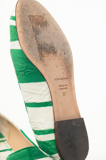 Dolce & Gabbana Green & White Striped Jacquard Flats