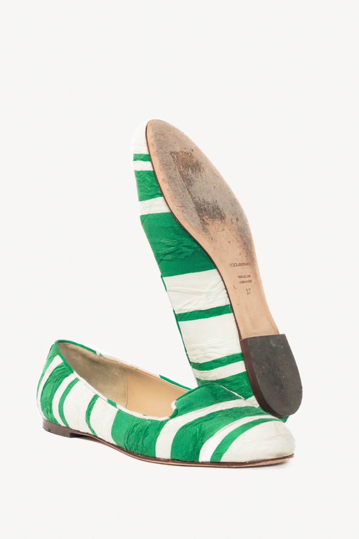 Dolce & Gabbana Green & White Striped Jacquard Flats